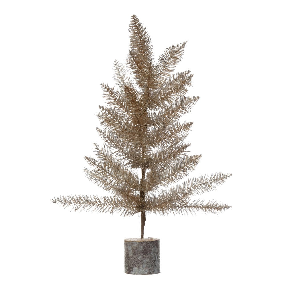SILVER AND GOLD TINSEL TREE WITH WOOD SLICE BASE